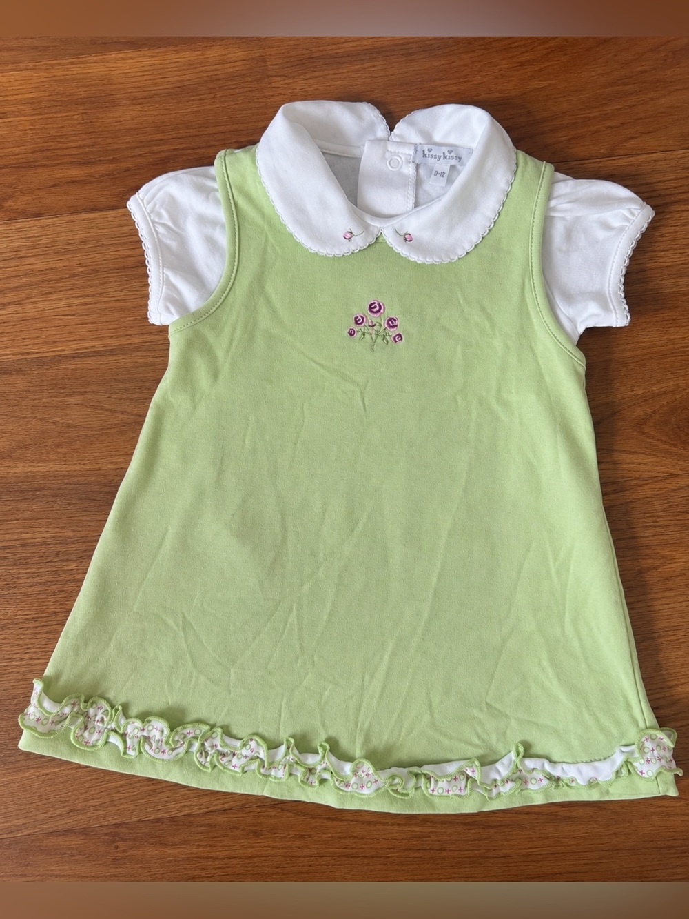 Kissy Kissy Lime Green Embroidered Dress with Peter Pan Collar Onesie Size 9-12M